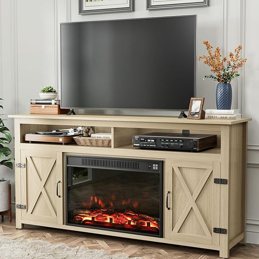 YESHOMY Fireplace TV Stand for Television up to 65+ Inch with Storage and Farmhouse Barn Doors, Entertainment Center with Cabinet and Shelves, Media Console for Living Room, Oak