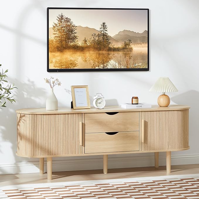 TV Stand, Media Console Table with Sliding Door and 2 Drawers, Modern Entertainment Center with Storage for Living Room, Bedroom, Home Office (Natural with 2 Drawers)