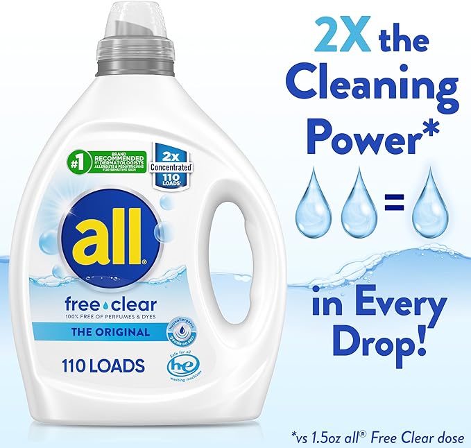 all free clear, Original, Liquid Laundry Detergent for Sensitive Skin, Unscented and Hypoallergenic, Concentrated