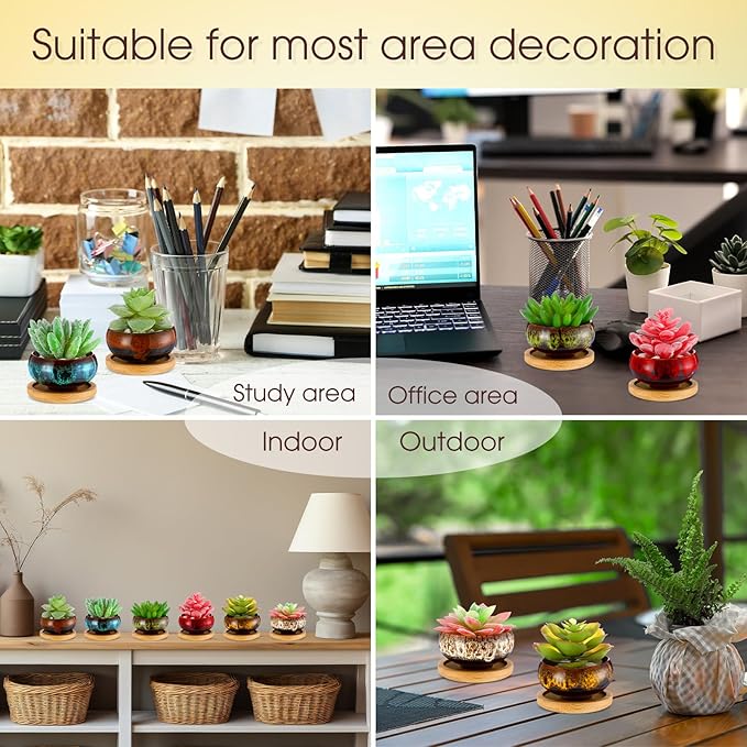 24 Pcs Ceramic Succulent Pots 2.5 Inch Small Plant Pots Indoor with Drainage and Bamboo Saucers Colorful Succulent Flower Planters for Garden Plants Home Decor(Round,1.2 Inch H)