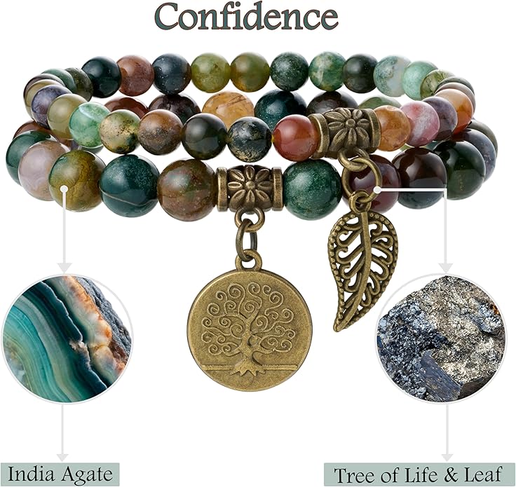Bivei Natural Semi Precious Gemstone beads bracelet for women - Life Tree and Leaf Charm Energy Reiki Crystal Stretch Bracelets
