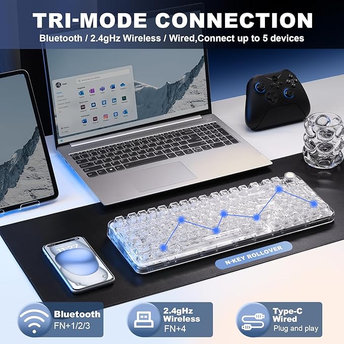 YUNZII X98 QMK/VIA Wireless Mechanical Gaming Keyboard with Knob,Tri-Mode BT5.0/USB-C/2.4GHz Hot Swappable Keyboard,Pre-lubed Switches Gasket Mount RGB Backlit for Wins/Mac (White, Snow Switch)