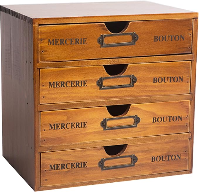 Stackable Apothecary Cabinet 4 Drawer Desk Organizer - Vintage Library Card Catalog Wood Storage Box - Office Desktop Dresser for Stationery, Thread Embroidery, Sewing, Crafts, Junk Drawer & Supplies