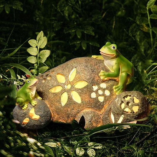 Solar Frogs Garden Statues Outdoor Resin Frog on Rock Figurine with LED Lights Porch Patio Lawn Yard Art Home Decorations Birthday Housewarming Christmas Gardening Gifts for Mom Women