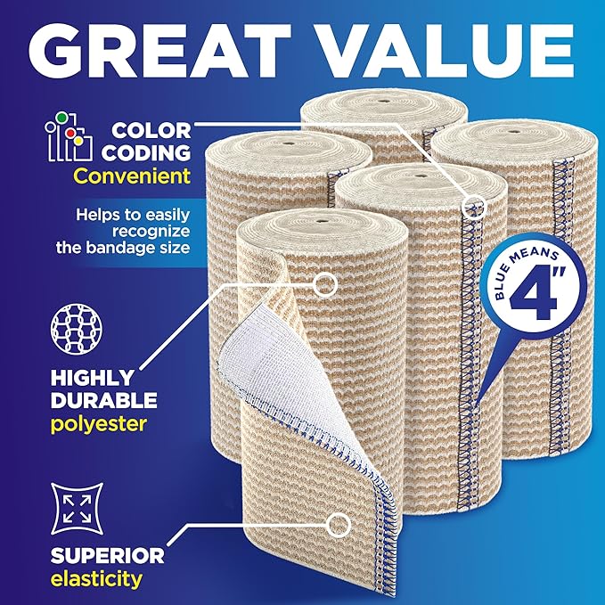 Premium Elastic Bandage Wrap - 4” (5pk) - Strong Compression - Self-Closing Reusable Bandages for Legs and Arms - Wrist, Elbow, Foot, Knee Wrap