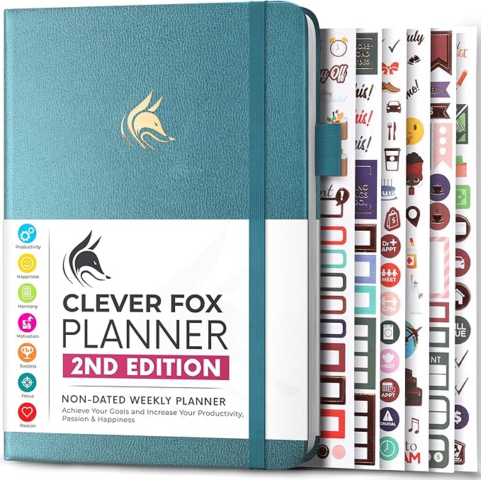 Clever Fox Planner 2nd Edition – Colorful Weekly & Monthly Goal Planner, Time Management & Productivity Organizer, Undated, A5 (Aquamarine)