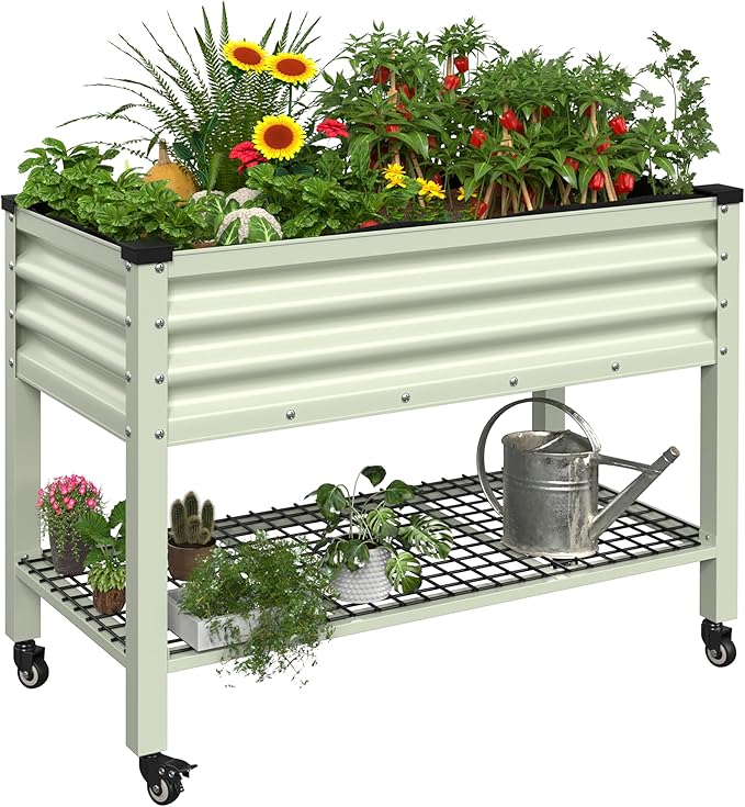 MUPATER 47.8" L x 23.5" W x 33.5" H Galvanized Steel Raised Garden Bed, 507lbs Capacity Large Metal Elevated Raised Planter Box with Rolling Casters & Extra Bottom Shelf for Patio, Balcony, Beige