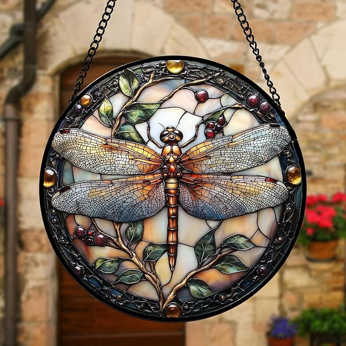 Stained Glass Window Hanging - Dragonfly Plant Suncatcher Ready to Hang Window Doors Home Decoration, Christmas, Mother's Day Birthday Gifts for Women, Men, and Mom 6.3X6.3IN