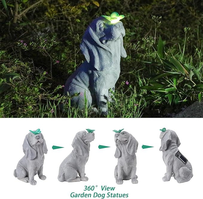 Garden Statue Dog Figurines - Outdoor Dog Statue with Solar Butterfly Lights for Patio Yard Art Decor Balcony Lawn Ornament. Ideal Housewarming Gardening Gifts for Dad Mom