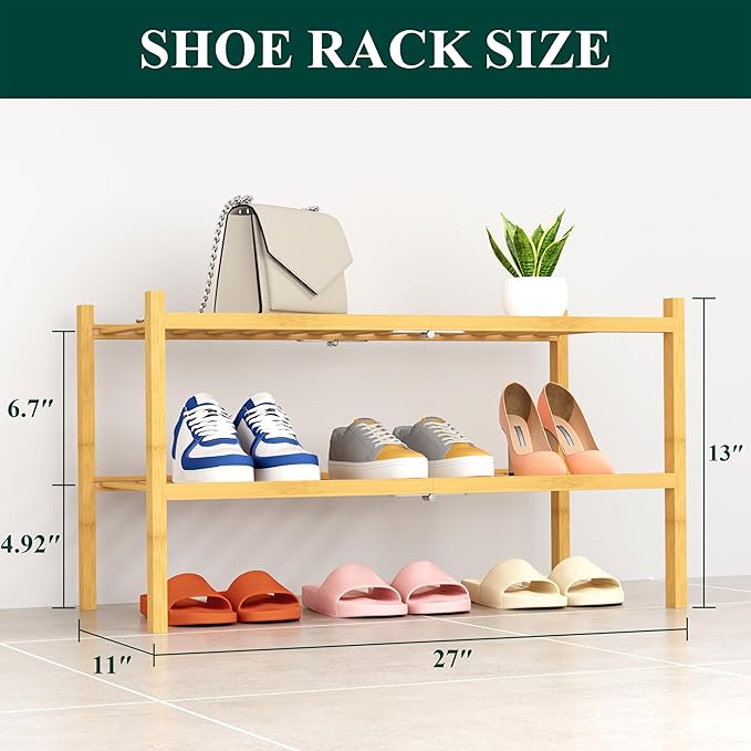 Smiry Shoe Rack, 2 Tier Thick Bamboo Shoe Organizer, Stackable Free Standing Wooden Shoe Storage Shelf for Closet, Entryway, Front Door Entrance, Natural