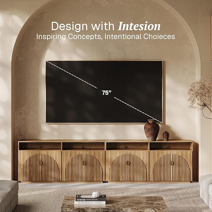 BELLEZE Set of 2 65 Inch Fluted TV Stand, Mid Century Modern Entertainment Center with Storage Cabinets & Open Shelves, Media Console TV Cabinet with Adjustable Shelves for Living Room, Caramel Brown