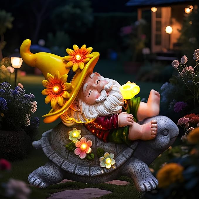 Garden Gnomes Outdoor Decor: Funny Sunflower Gnome Sitting on Turtle with Solar Lights Outside Decoration for Lawn Yard Patio Garden Gifts for Women