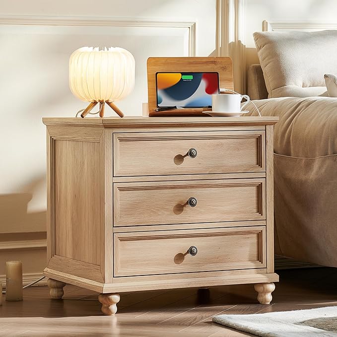 Farmhouse Nightstand with Charging Station, 24" Wide End Table with 3 Drawers,Natural Wood Dresser for Bedroom, Bed Side Table Chest of Drawers Cabinet,Night Stand for Living Room, Closet