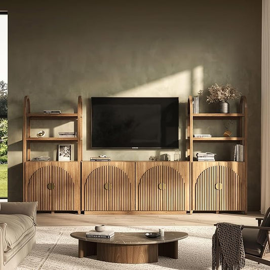 BELLEZE 3-Piece Arched TV Stand Entertainment Center with Storage, Mid Century Modern 2-Piece 72″ Tall Storage Cabinets and 65″ Fluted TV Console for Living Room(Caramel Brown)