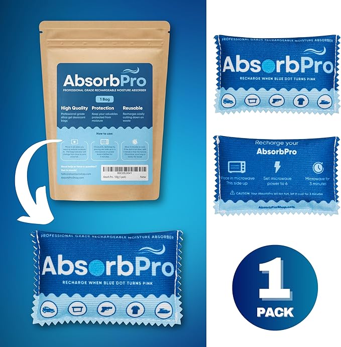Rechargeable Dehumidifier Bag 1-Pack - 100g Reusable Moisture Absorbers - Silica Gel Packets for Bins, Totes, Gun Safe, Food Storage, Clothes, Cars, and Boats