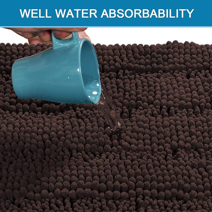 H.VERSAILTEX Bath Rugs for Bathroom Non Slip Bath Mats Extra Thick Chenille Striped Rug 20" x 32" Absorbent Non Skid Fluffy Soft Shaggy Washable Plush Mat for Indoor, Bath Room, Tub - Chocolate