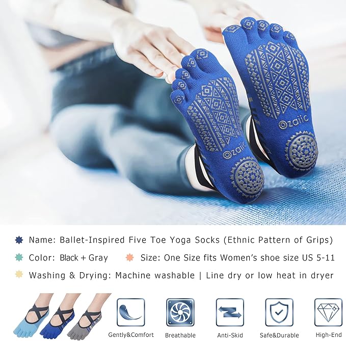 Ozaiic Yoga Socks for Women with Grips, Non-Slip Five Toe Socks for Pilates, Barre, Ballet, Fitness