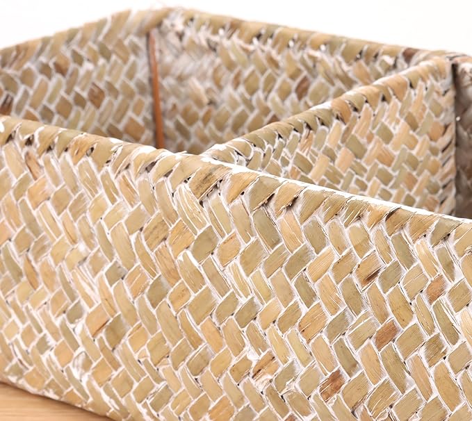 Shelf Baskets with Dividers, Seagrass Storage Baskets Rectangular Wicker Woven Back of Toilet Basket for Home Organizer