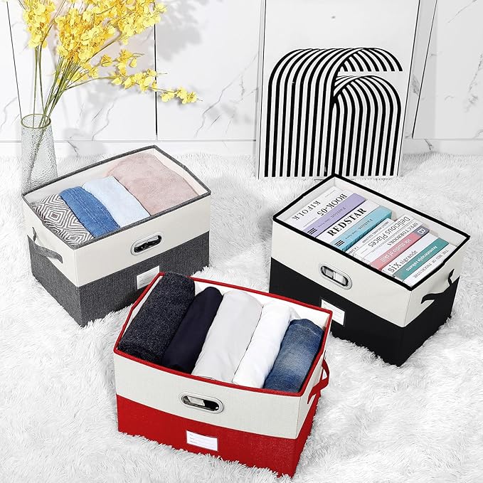 Large Linen Fabric Foldable Storage Bins with Removable Lid and Handles, Washable Storage Box Organizer Containers Baskets Cube with Cover for Bedroom,Closet,Office,Nursery(Black&White, Large)