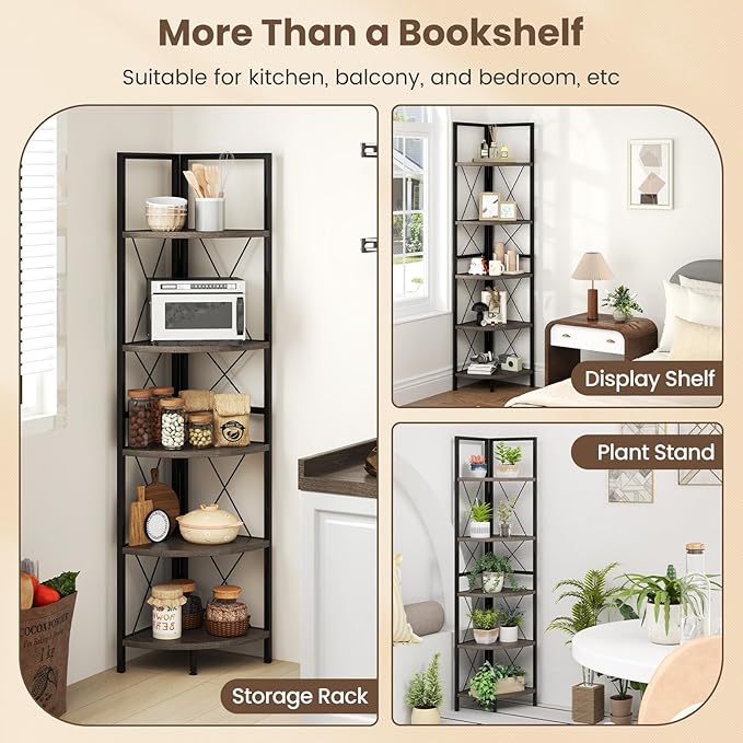 Giantex 5-Tier Corner Shelves Set of 2, 63" Tall Corner Bookshelf, Freestanding Storage Rack w/Metal Frame, Modern Plant Stand, Narrow Bookcase Display Shelf for Living Room, Bedroom, Oak