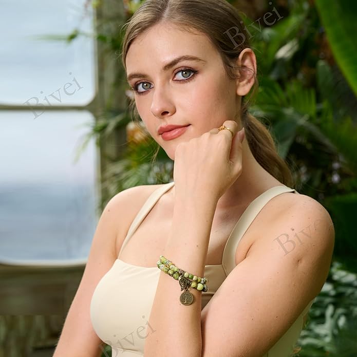 Bivei Natural Semi Precious Gemstone beads bracelet for women - Life Tree and Leaf Charm Energy Reiki Crystal Stretch Bracelets