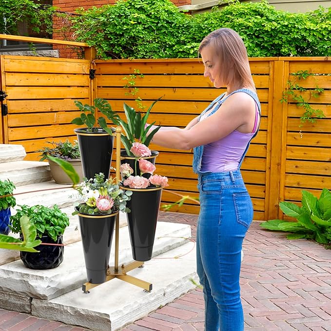 Flower Display Stand with 4 Bucket,Floral Stand with Foldable Frame for Silk Fresh Flowers,4 Tier Florist Shelf Plant Cart for flower shop Garden Living Room,Easy to Install (Gold Shelf+ Black Bucket)
