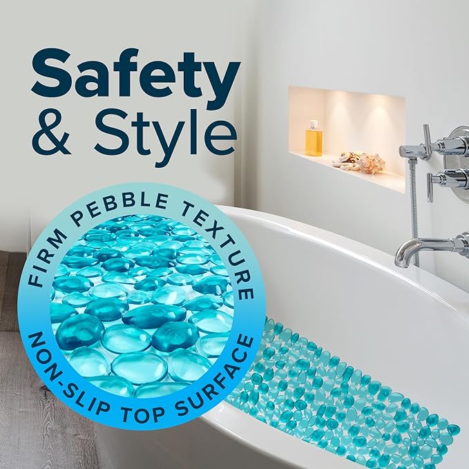 SlipX Solutions Non-Slip Pebble Bath Mat for Shower & Bathtub 38x17 | River Rock Look | Accupressure | Massage Bath Mats for Tub | 188 Suction Cups | Machine Washable, Aqua Pebbles