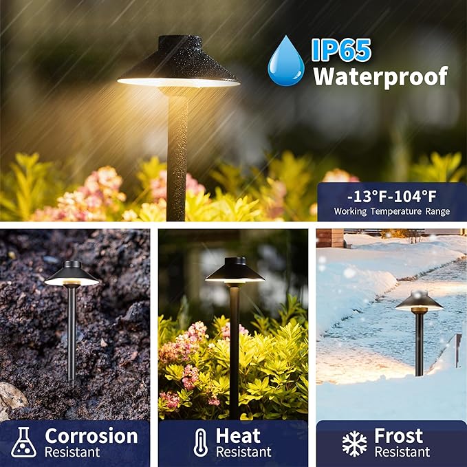 Brass Low Voltage Pathway Lights - 12V LED Landscape Path Lighting, Walkway Light Waterproof IP65, Hat Shaped Wired ‎Classic Black for Outdoor Entrance Garden G4 Bulb Not Included (6 Pack)