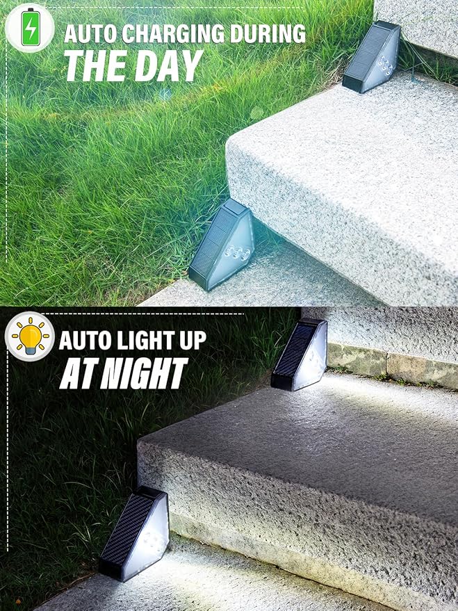 ROSHWEY Solar Step Lights for Outside, 10 Pack Solar Stair Lights Outdoor Waterproof, Triangle Deck Step Lights Solar Powered, Outdoor Decor Lighting for Front Porch, Backyard, Patio, Cool White