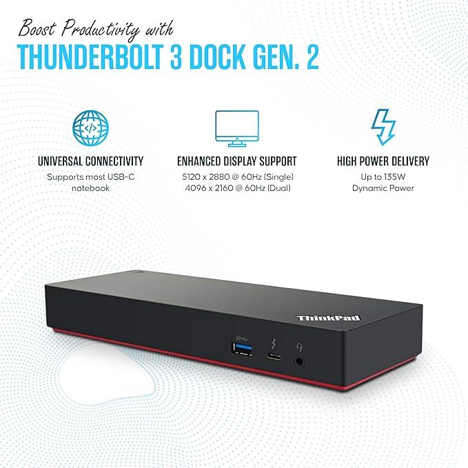Lenovo 40AN0135US Thunderbolt 3 Dock Gen 2 Dual UHD 4K Display - Thinkpad Docking Station Dual Monitor with HDMI, DP & TB3 Cable (Renewed)