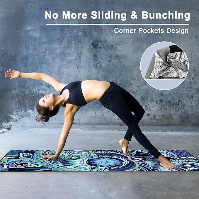 QiyI Yoga Mat Towel with Corner Pockets, Non Slip Sweat Absorbent Hot Yoga Towels, Soft Yoga Blankets with Travel Bag, Skidless Mat Cover for Workout, Gym, Fitness - 70"x26", Vintage Paisley