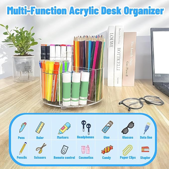Acrylic Pen Holder, 360 Degree Rotating Desk Organizer, Marker & Pencil Holder for Art Supply Storage