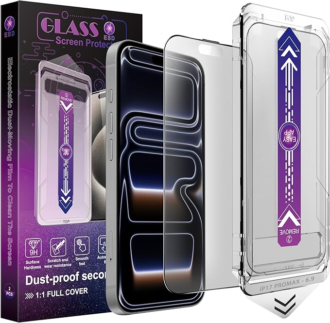 Matte Screen Protector for iPhone 17 Pro Max 6.9-Inch, Auto Dust Removal, 9H Tempered Glass, Full Cover, Anti-Fingerprint, Easy Installation, 2 Pack