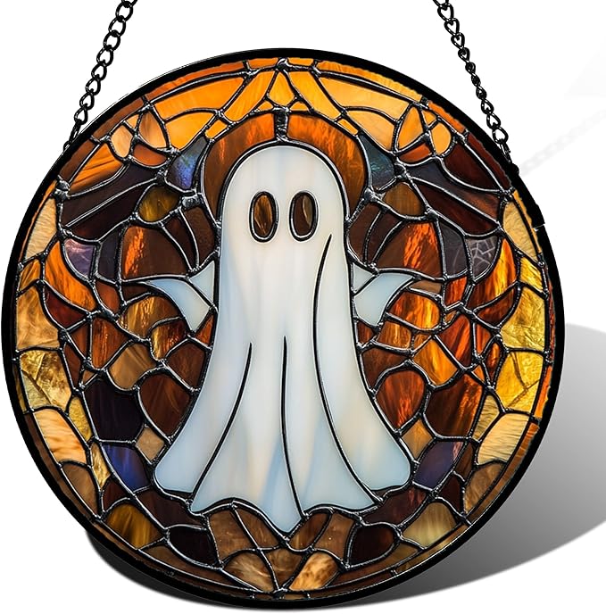 Stained Glass Window Hanging Halloween White Horror Ghost 6.3" - Suncatcher Door Garden Kitchen Sun Catcher Home Gothic Decor Birthday for Mom Men Woman Friend Grandma