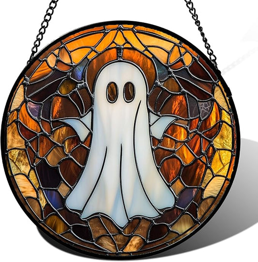 Stained Glass Window Hanging Halloween White Horror Ghost Large 15" - Suncatcher Door Garden Kitchen Sun Catcher Home Gothic Decor Birthday for Mom Men Woman Friend Grandma