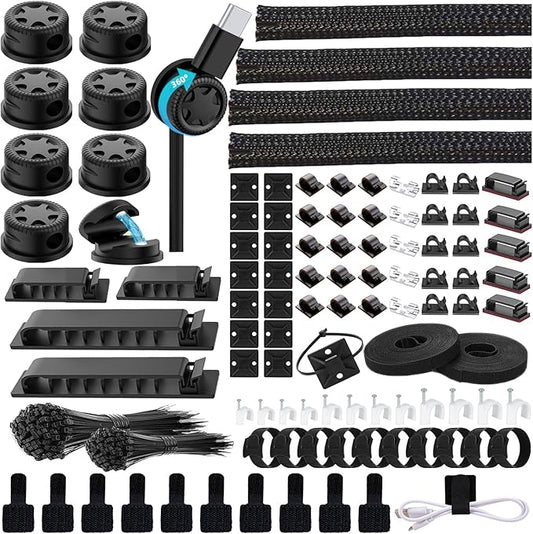 ELII 328Pcs Cable Management Kit, 8 Magnetic Cable Holder,69Adhesive Cable Clips,4 Cable Sleeve Split,22Reusable Cable Strap,200 Nylon Cable Zip Ties with 25 Mounts TV Office (Black)