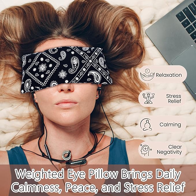 Lavender Eye Pillow for Relaxation, Yoga, Sleep – Weighted Eye Mask for Headache, Sinus, Aromatherapy Moist Heat Compress, Meditation Accessory, Relaxation Gift for Women (Black)