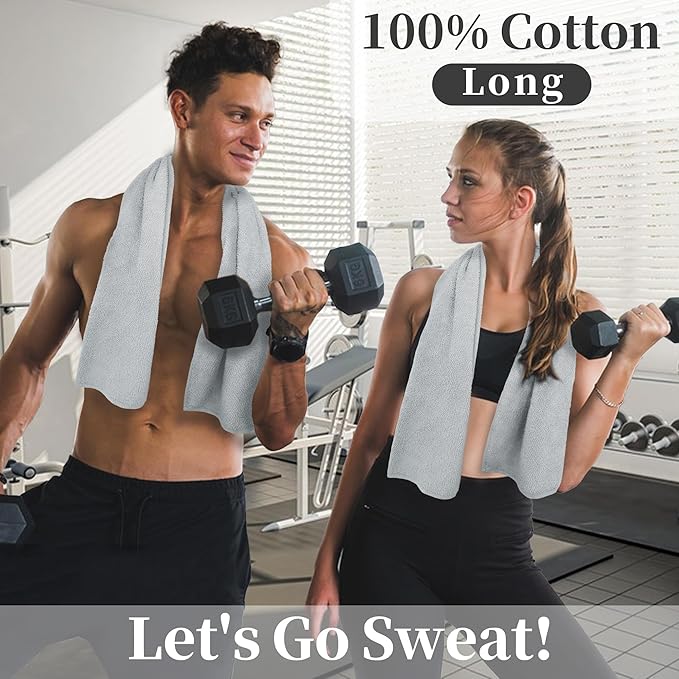 Workout Towels for Gym (2PC, 15"x40") - Sweat Towel for Men & Women, Sports Hand Towel for Yoga, Shower, Tennis, Running, Exercise & Fitness - 100% Cotton, Breathable, Soft & Absorb, Light Gray