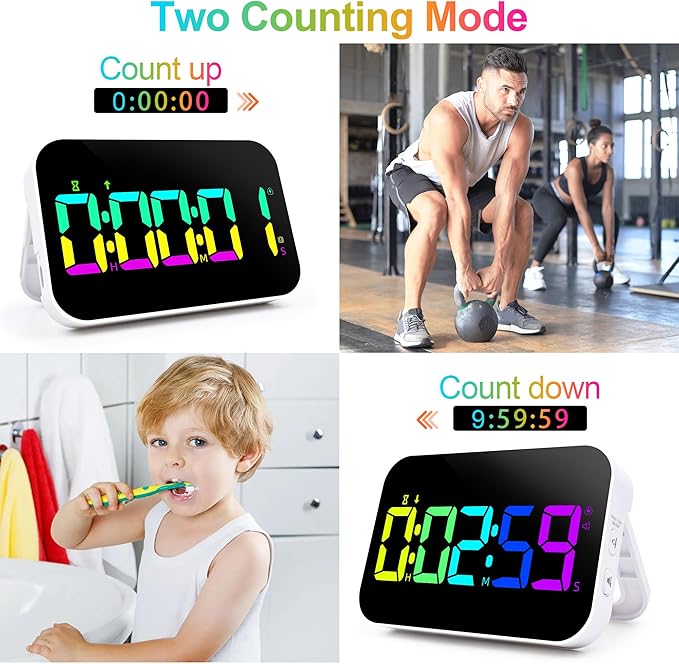 Digital Kitchen Timer, 10 RGB Color Rechargeable Magnetic Timer for Cooking with Count Down Up, 5”LED Large Display, Kids Timers for Classroom Home Office Gym Work Study Fitness Game