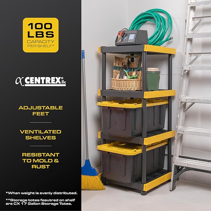 BLACK & YELLOW 4-Tier Heavy Duty Plastic Storage Shelving Unit, 100lbs/shelf (55"H x 24"W x 20"D), for Indoor/Outdoor Organization, Modular Rack, Extremely Durable, Made in The USA