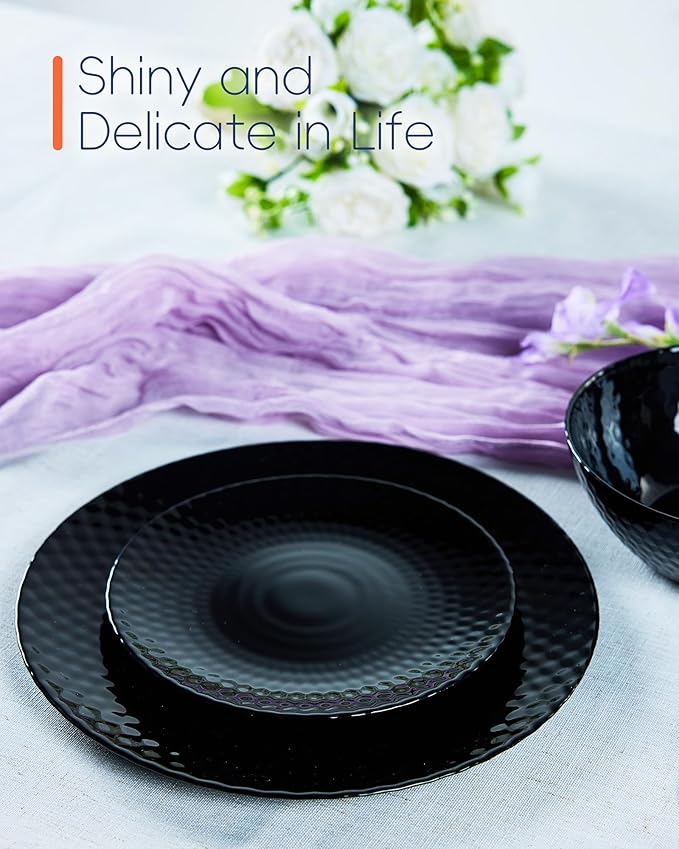 10.5 inch Dinner Plate Set of 6, Light and Durable Opal Glass Black Geometric Faceted Dinnerware Plates, Dishwasher and Microwave Safe