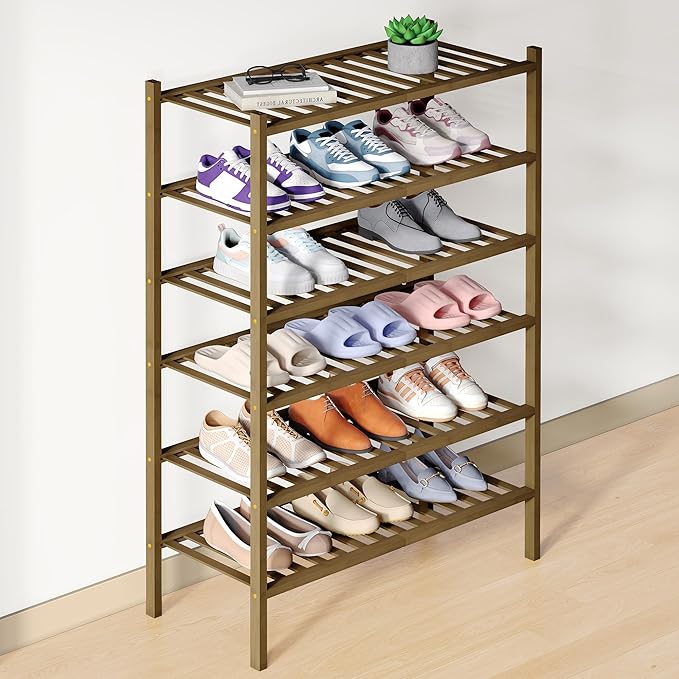 Smiry Bamboo Shoe Rack for Closet, 6 Tier Wooden Stackable Shoe Organizer, Free Standing Shoes Storage Shelf for Entryway, Front Door Entrance, Walnut