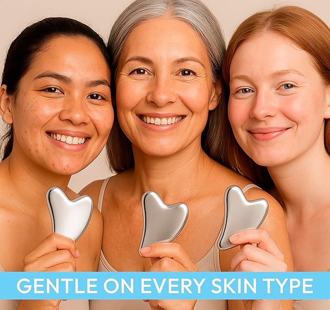 Stainless Steel Gua Sha Facial Tool for Face Sculpting, Lymphatic Drainage, Acne-Prone & Mature Skin, Puffiness, Anti-Aging & Deep Face Massage (Silver)