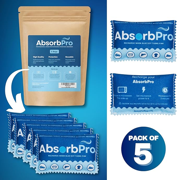 Rechargeable Dehumidifier Bag 5-Pack - 100g Reusable Moisture Absorbers - Silica Gel Packets for Bins, Totes, Gun Safe, Food Storage, Clothes, Cars, and Boats