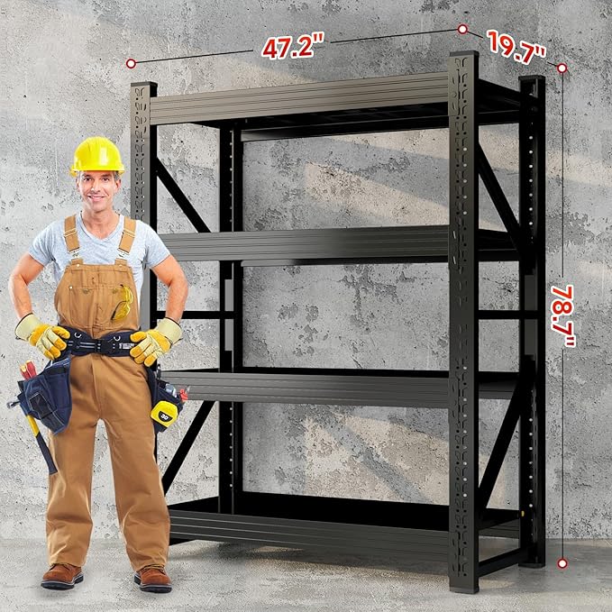 Kobito 3800LBS Garage Storage Shelves, 47" W Garage Shelving Heavy Duty Adjustable Shelving Unit, 4 Tier Metal Utitly Shelves Industrial Shelving for Warehouses,Basement,Black