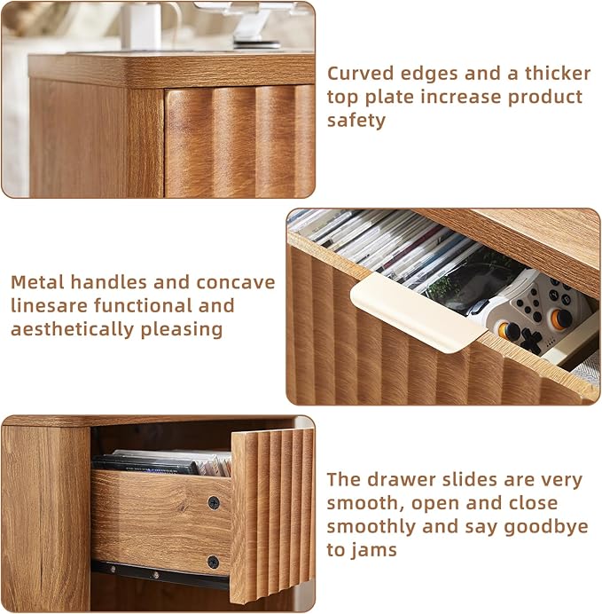 LEYAOYAO Fluted Farmhouse Nightstand Set of 2 with Charging Station, 23" Wide 1 Drawers Night Stand,Brown Dresser for Bedroom,Bed Side Table Chest of Drawers,Wood End Table for Living Room