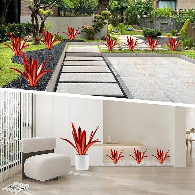 TOMBABY Enlarge Thickened Wind Resistant Metal Agave Garden Art Metal Plant Country Garden Sculpture Statue Outdoor Decoration Agave Metal Plant Courtyard Garden Lawn Ornament Gift (2, 12 Leaves red)