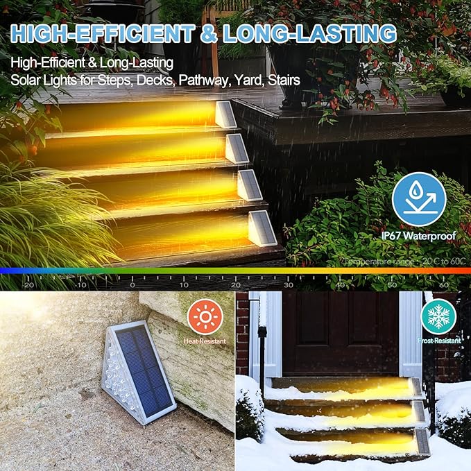 LED Solar Step Lights Waterproof Outdoor Stair Lights, Warm White Solar Deck Lights IP67 Solar Decoration Light for Yard, Patio, Garden, Walkways, Front Door, Pathway, Driveway, Porch 2PK