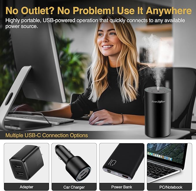 Waterless Essential Oil Diffuser Starter Kit - No Water Needed, Battery Operated Mini Scent Air Machine, Included 3x20ML Essential Oils, Portable Aromatherapy Diffuser for Home & Car, Black, 2Pack