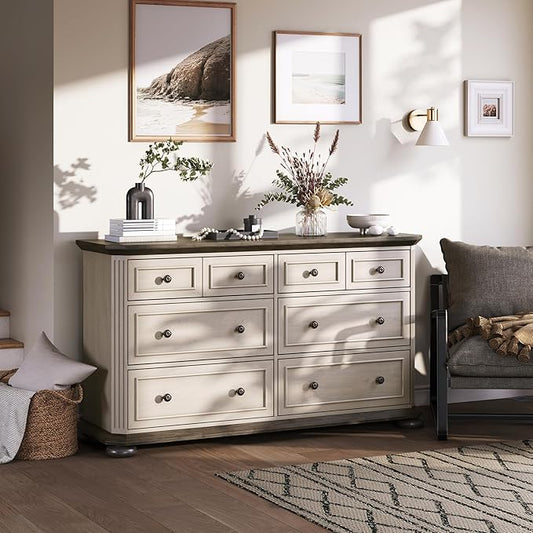 BELLEZE 31" Drawer Dresser Chest with 6 Drawers, Rustic Wooden Bedside Storage Cabinet Farmhouse Clothes Organizer for Bedroom or Living Room, Antique White